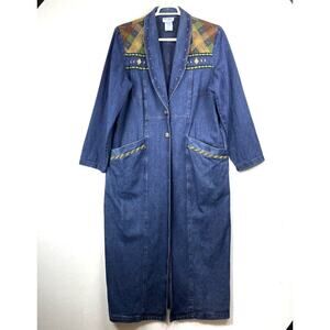 Vintage Duster Trench Coat 14 Denim Jean Aztec Southwestern Yellowstone Cowgirl